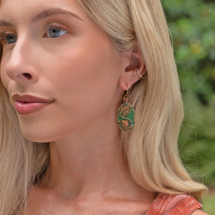 Green & Copper Vine Leaf Patina Earrings