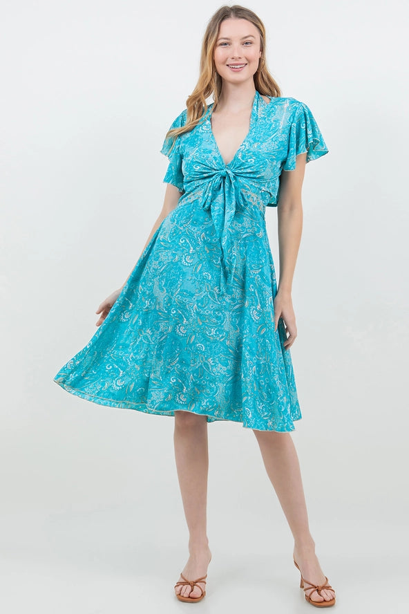 Silky Tie Front Twirl Dress