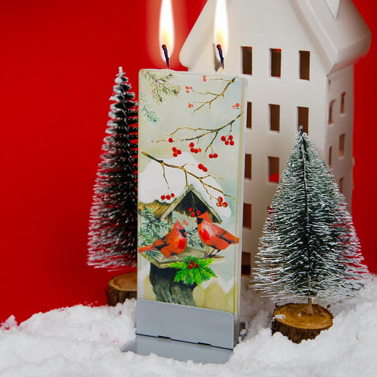 Cardinals on a Snowy Bird House Flat Candle