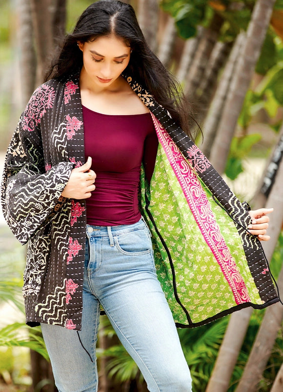 Reversible Black Toned Kantha Kimono Jacket