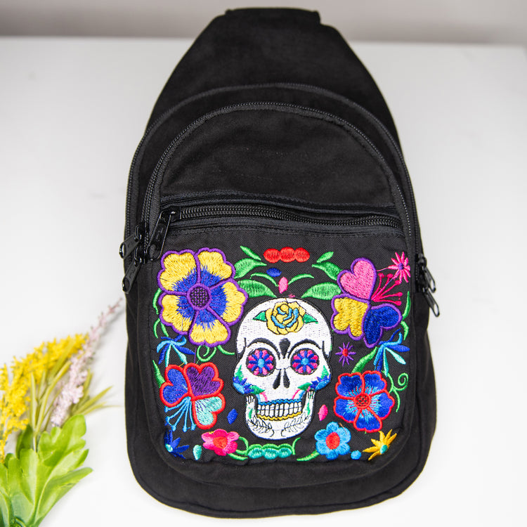 Sugar Skull Embroidered Sling Backpack