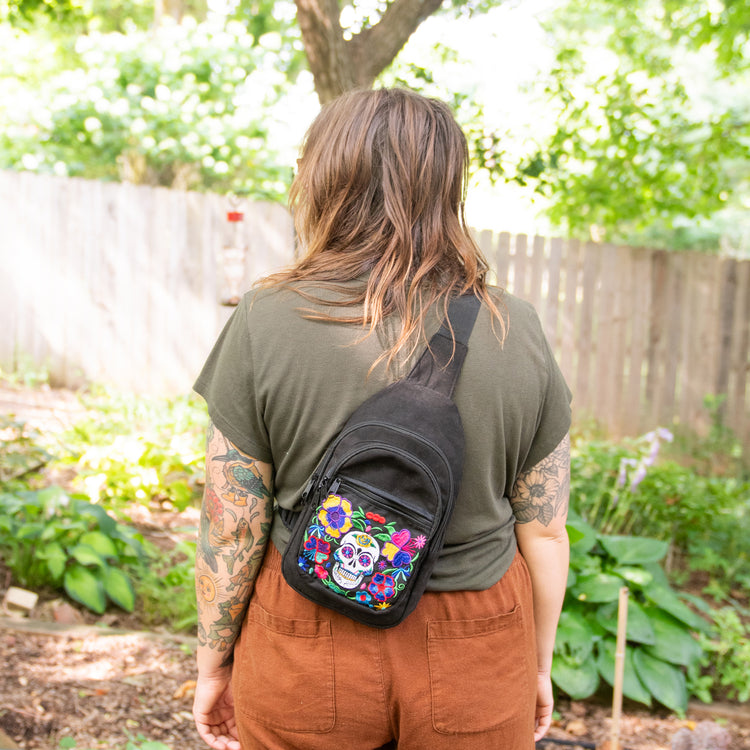 Sugar Skull Embroidered Sling Backpack