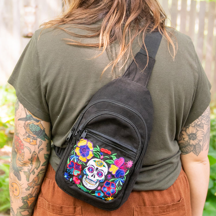 Sugar Skull Embroidered Sling Backpack