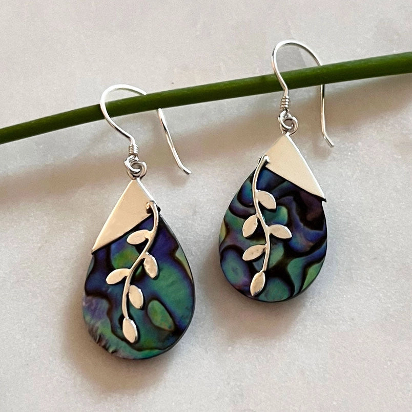 Teardrop-shaped Abalone earrings with sterling silver leaf designs 