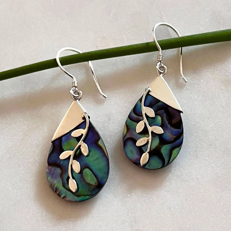 Teardrop-shaped Abalone earrings with sterling silver leaf designs 
