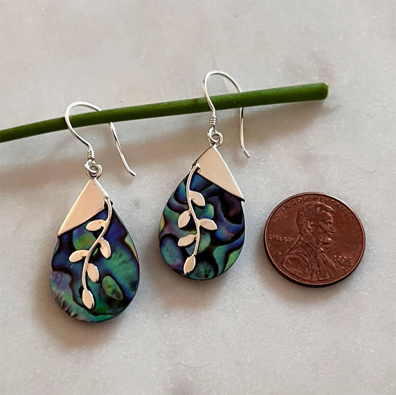 Teardrop-shaped Abalone earrings with sterling silver leaf designs 