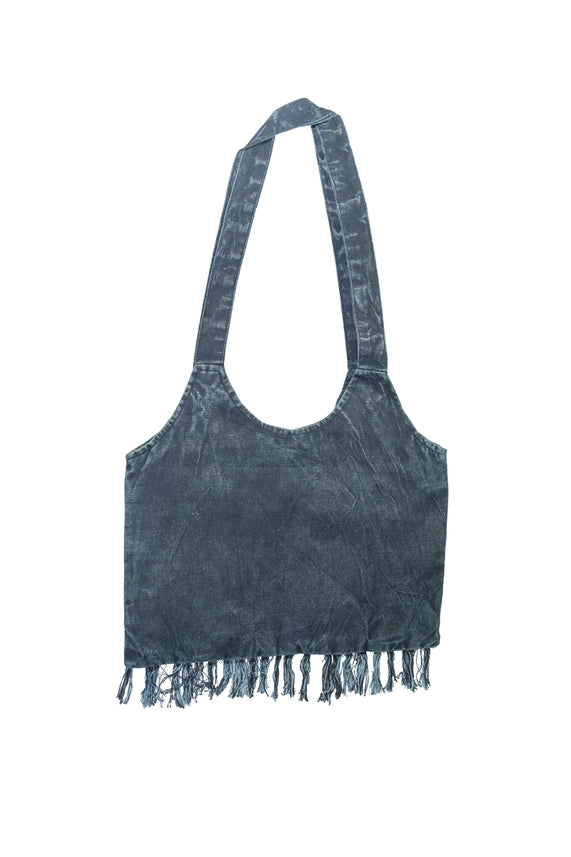 Stonewash Black Coreset Lace Tote with Fringe