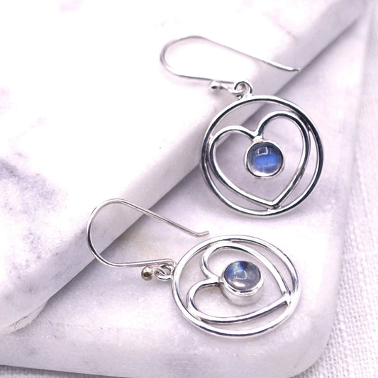 Circle Heart Silver Moonstone Earrings