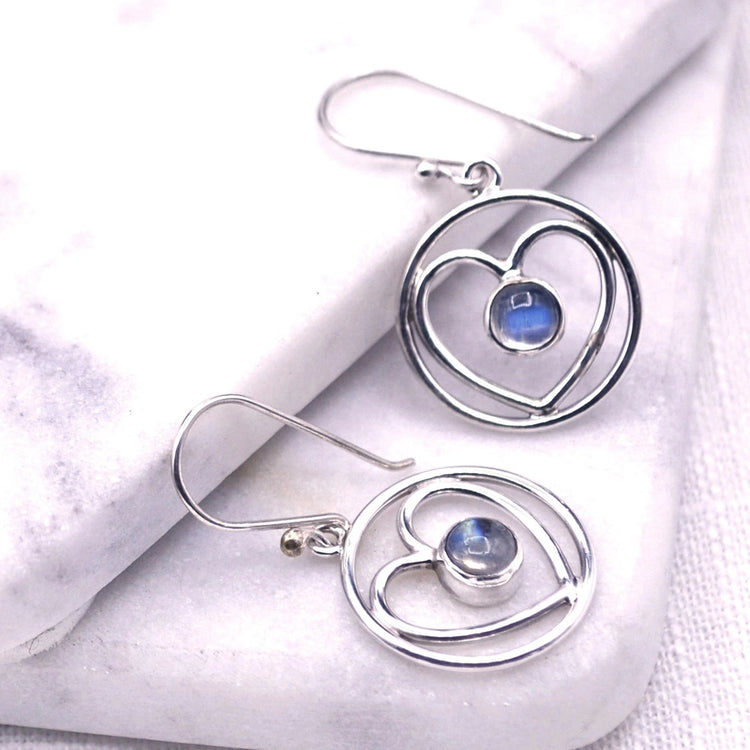 Circle Heart Silver Moonstone Earrings