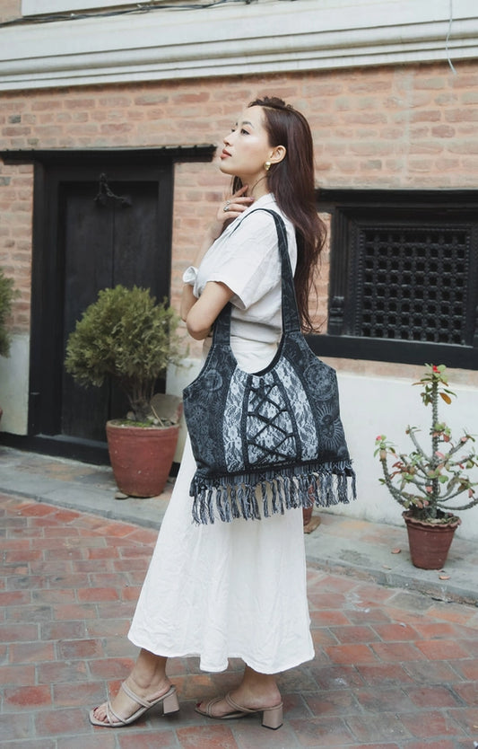 Stonewash Black Coreset Lace Tote with Fringe