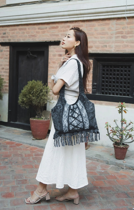 Stonewash Black Coreset Lace Tote with Fringe