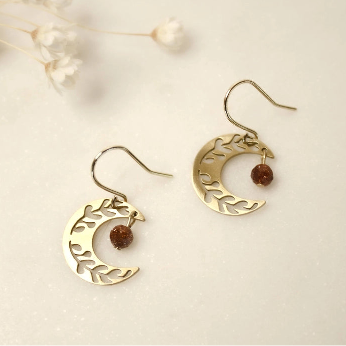Dainty Brass Floral Moon Earrings