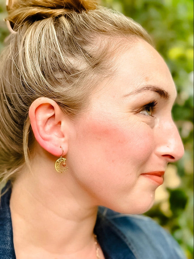 Dainty Brass Floral Moon Earrings