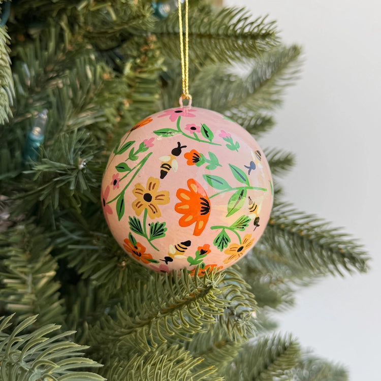 Floral Bumblebee Paper Mache Ball Ornament