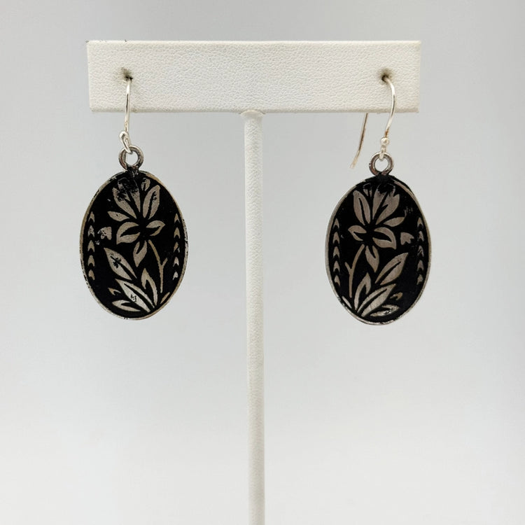 Silver Patina Black Floral Earrings