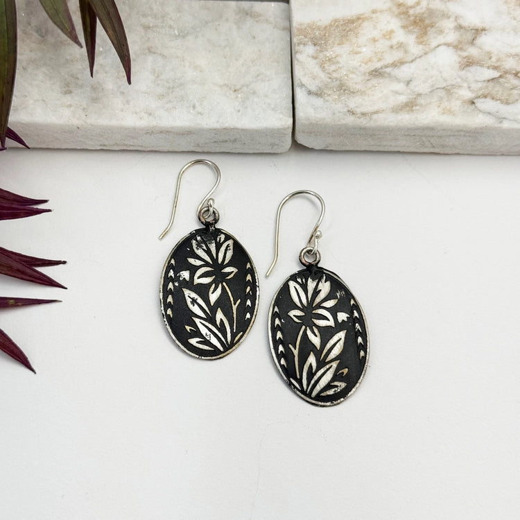 Silver Patina Black Floral Earrings