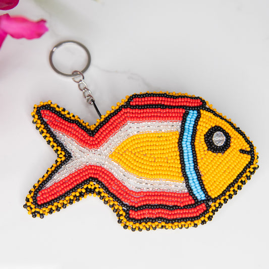 Yellow and Coral Beaded Fish-Shaped Coin Bag