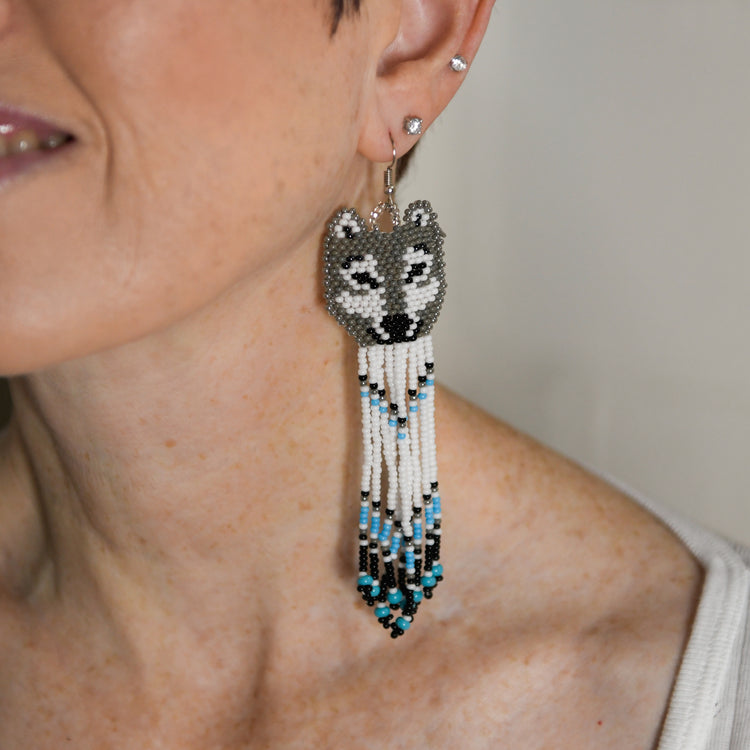 Wolf Beaded Fringe Earrings