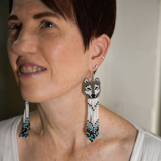 Wolf Beaded Fringe Earrings