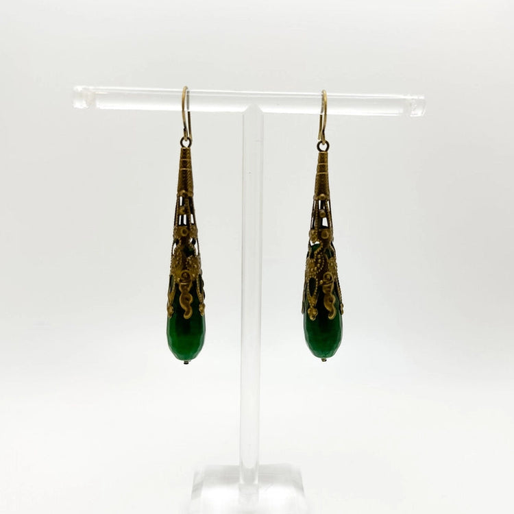 Jade and Ornate Brass Drop Earrings