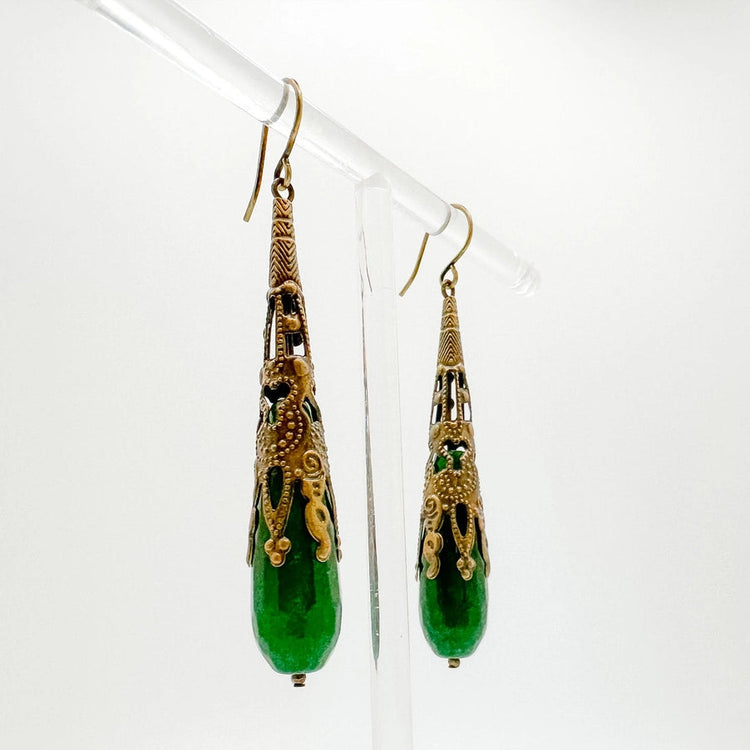 Jade and Ornate Brass Drop Earrings