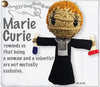 Marie Curie-themed keychain with text on a white background