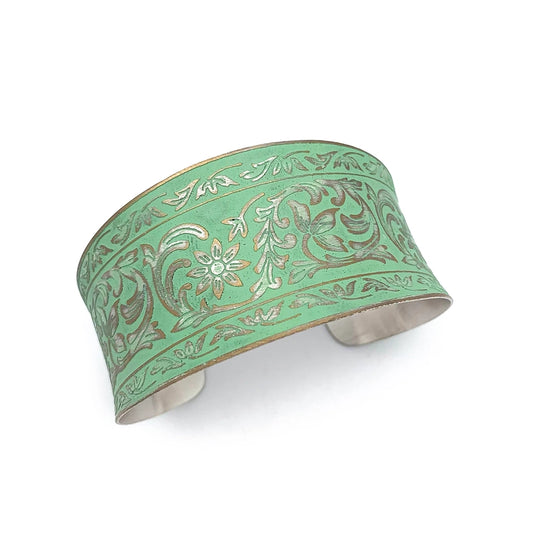 Mint Flowers and Leaves Silver Patina Cuff