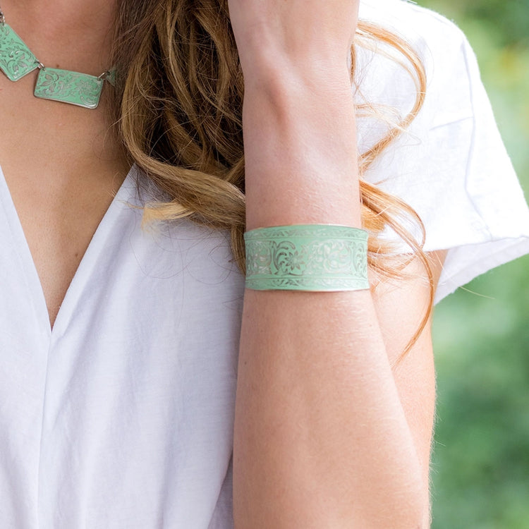 Mint Flowers and Leaves Silver Patina Cuff