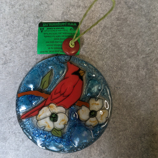 Cardinal On Dogwood Tree Recycled Glass Ornament