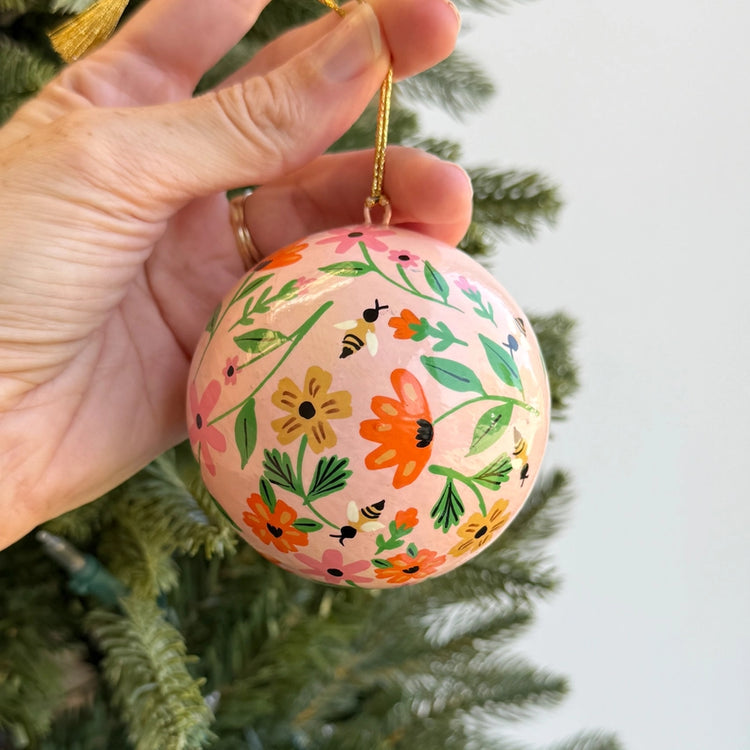 Floral Bumblebee Paper Mache Ball Ornament