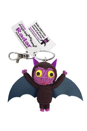 A threaded bat keychain with black and purple coloring. The keychain has a double-sided fabric tag and a lobster claw keyring.