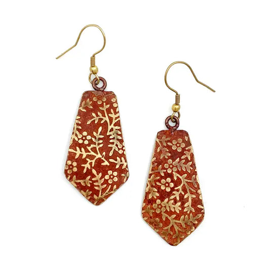 Red-Orange Brass Floral Vine Earrings