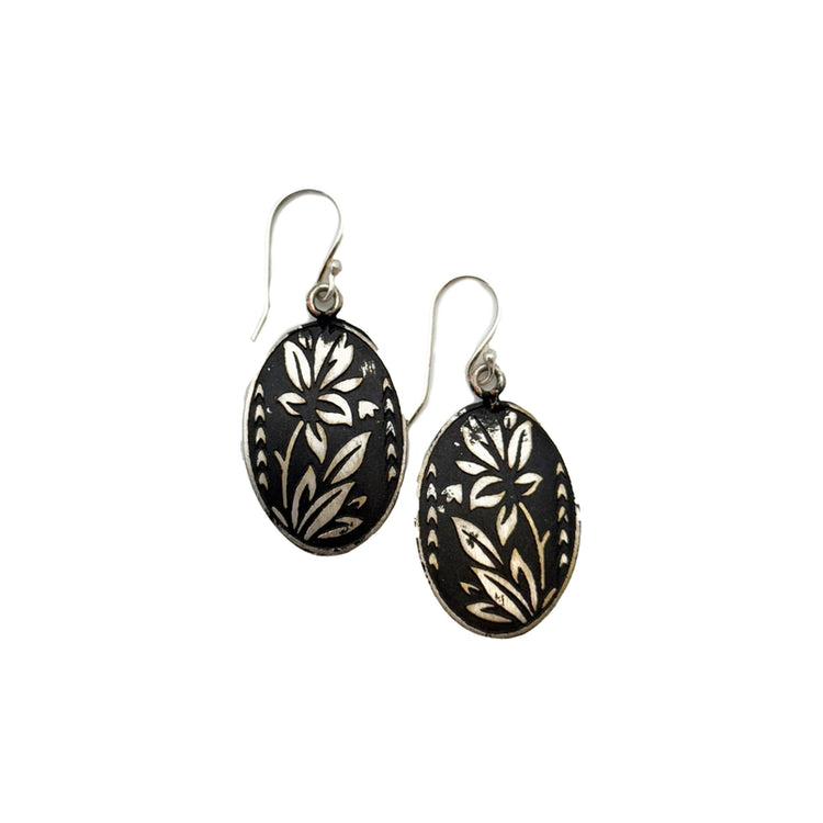 Silver Patina Black Floral Earrings
