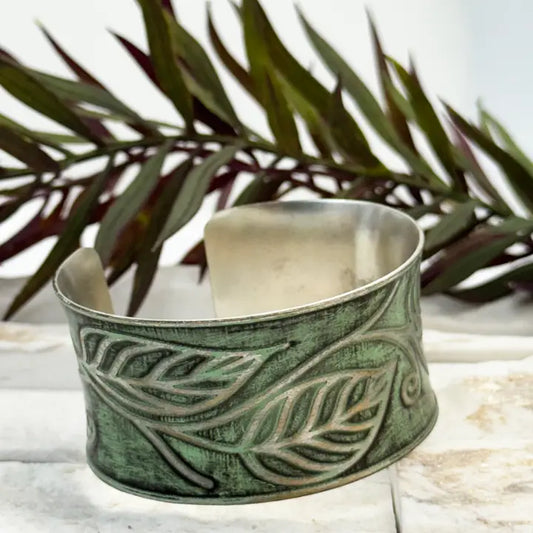 Green Leaf Vine Silver Patina Cuff