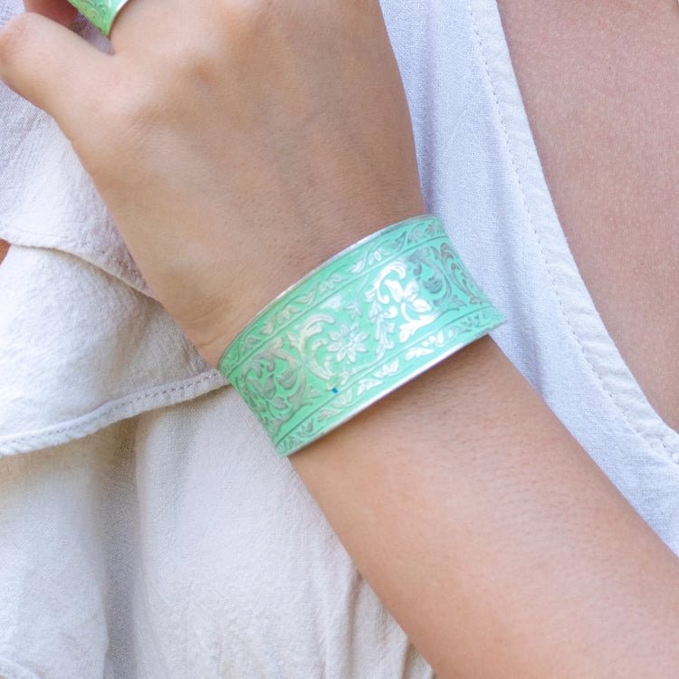 Mint Flowers and Leaves Silver Patina Cuff