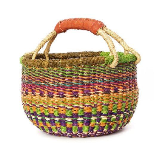 A small, multicolored Bolga basket with a leather handle, displayed against a white background.