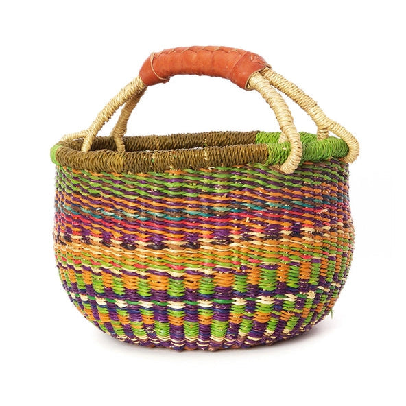 A small, multicolored Bolga basket with a leather handle, displayed against a white background.