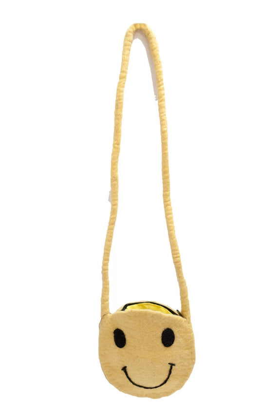 Smiley face crossbody bag with a yellow strap on a white background