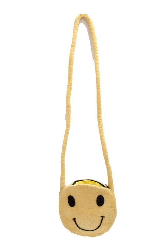 Smiley face crossbody bag with a yellow strap on a white background