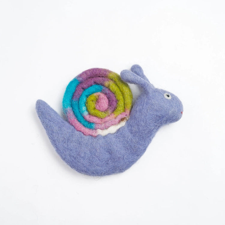 Colorful snail-shaped felt finger puppet on a white background