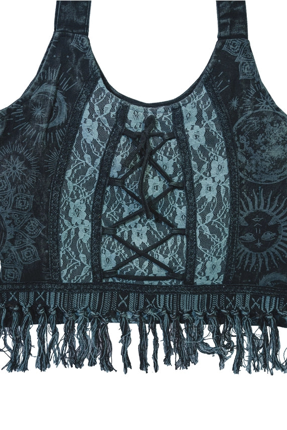 Stonewash Black Coreset Lace Tote with Fringe