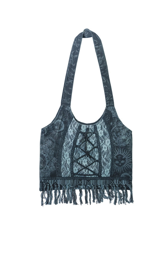 Stonewash Black Coreset Lace Tote with Fringe