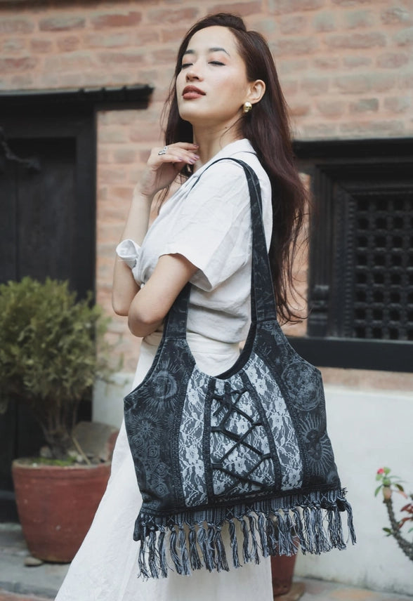 Stonewash Black Coreset Lace Tote with Fringe