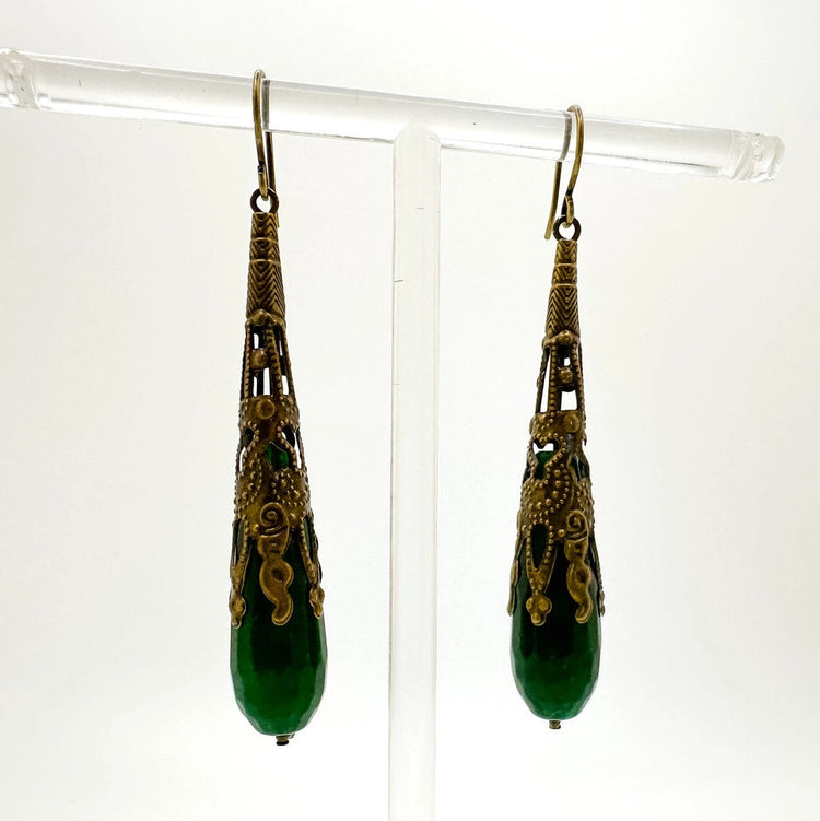 Jade and Ornate Brass Drop Earrings