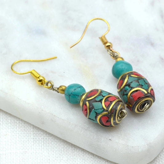 Turquoise and Coral Barrel Earrings