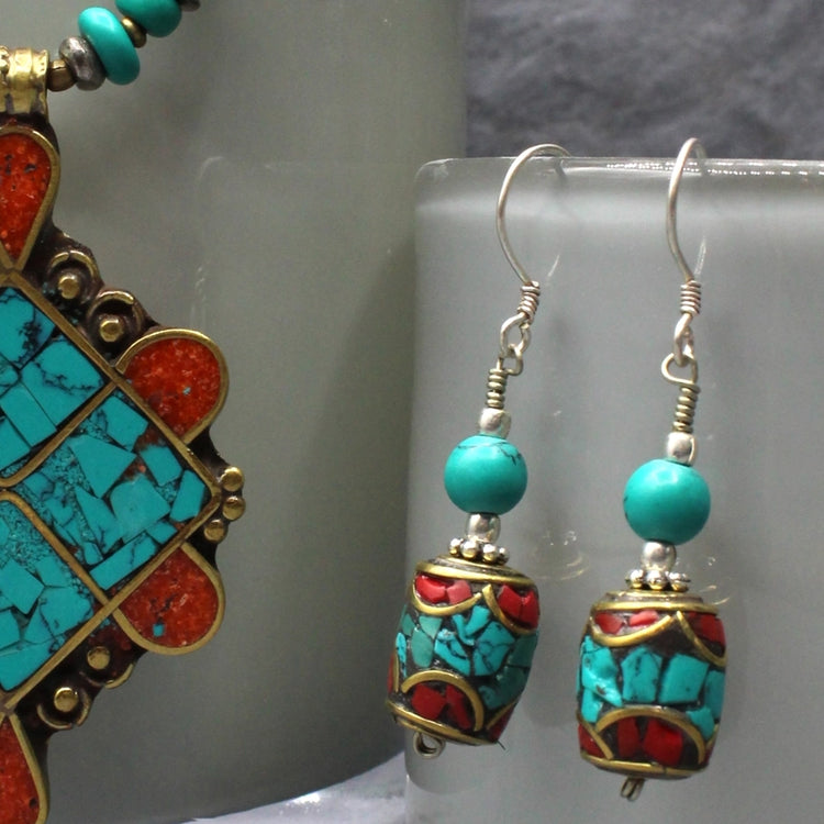 Turquoise and Coral Barrel Earrings