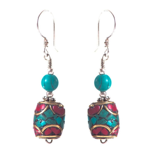 Turquoise and Coral Barrel Earrings