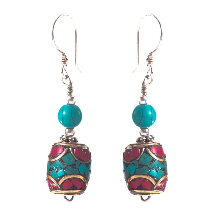 Turquoise and Coral Barrel Earrings