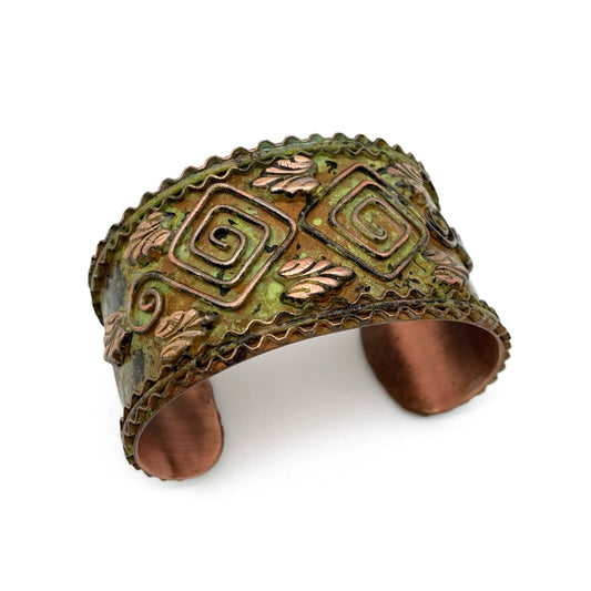 Square Spirals and Leaves Copper Patina Cuff