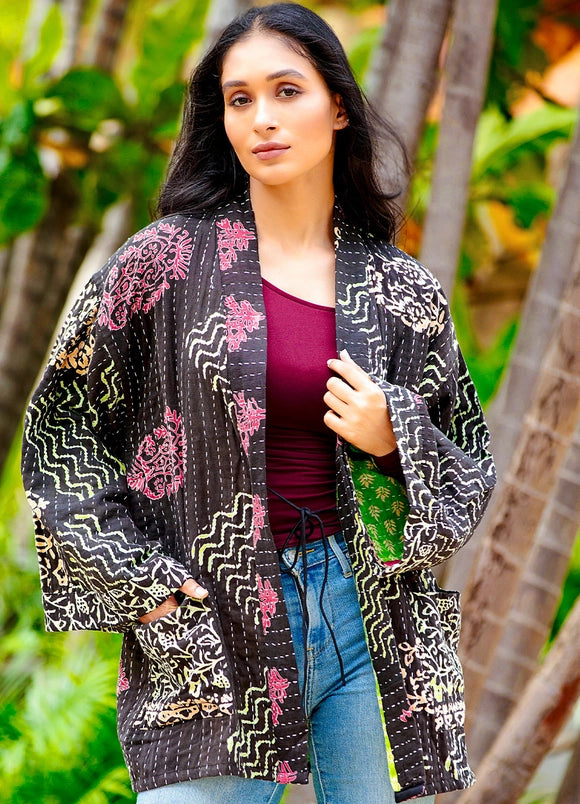 Reversible Black Toned Kantha Kimono Jacket